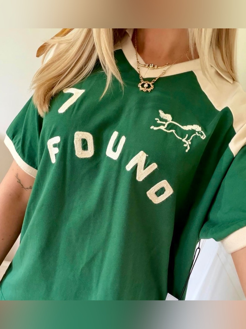 NWT FOUND x Free People Goji Collared Jersey Tee in Green/Beige - S